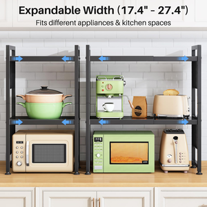 Support extensible en métal pour micro-ondes et grille-pain avec 8 crochets et 2 supports, étagère robuste à 3 niveaux réglable noire pour four à micro-ondes - Product Image 2