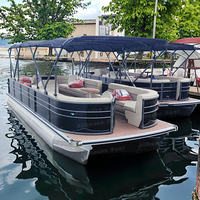Bateau ponton sportif en aluminium avec moteur hors-bord, auvent bimini, sièges confortables, mobilier et équipements de divertissement pour la navigation en lac