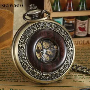 Relógio de pulso, algarismos romanos de bronze com pingente de logotipo personalizado, corrente pendurada para homens e mulheres, relógio mecânico automático de bolso de madeira