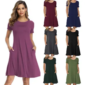 Stock Moda Ropa Camiseta Vestidos Swing Damas Mujeres Casual Verano Algodón Vestidos con bolsillo