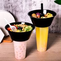 Gobelet jetable 2-en-1 pour plats à emporter, plateau simple paroi pour poulet frit, salade de fruits, collations, et paille pour boisson au thé au lait en PP