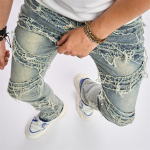 Người Đàn Ông Của Nhà Sản Xuất Quần Áo Sờn Jeans Người Đàn Ông Xếp Chồng Lên Nhau Quần Thời Trang Tua Thời Trang Thời Trang dạo phố Căng Quần Áo Chắp Vá Denim loe - Product Image 4