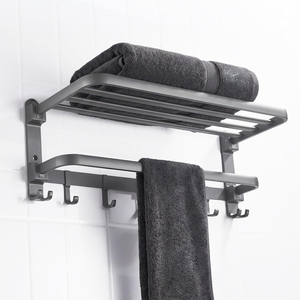 Modern Foldable Towel Rack with <b>Hooks</b> Towel <b>Shelf</b> with <b>Hooks</b> Black Bathroom Rack - Product Image 1
