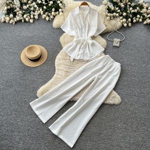 Conjunto <span class=keywords><strong>Casual</strong></span> de 2 Piezas para Mujer, Primavera-Verano, <span class=keywords><strong>Camisa</strong></span> de Manga Corta con Botones y Cintura Ajustable, Pantalones Anchos de Cintura Alta - Product Image 3