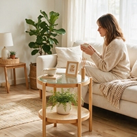 Table basse ronde en bambou avec plateau en verre, étagère en rotin à 2 niveaux, table d'appoint pour salon, chambre à coucher, meubles d'intérieur