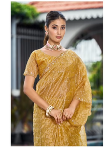 Sari en satin doux pour femme, orné de perles complexes, élégant, ethnique, toutes saisons, idéal pour les réceptions de mariage et les célébrations - Product Image 1
