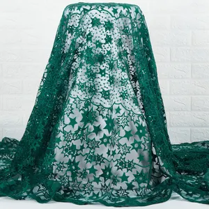 Green High Quality African French Lace Fabric With Sequins Milk Silk Embroidery lace Dress Fabric Textile Material 2294