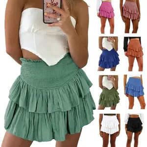Shirred High Waist Women <strong>Short</strong> <strong>Skirt</strong> With <strong>Shorts</strong> <strong>Underneath</strong> Solid Color Tiered Ruffle Hem Mini <strong>Pleated</strong> Flared A-Line <strong>Short</strong> <strong>Skirt</strong> - Product Image 1