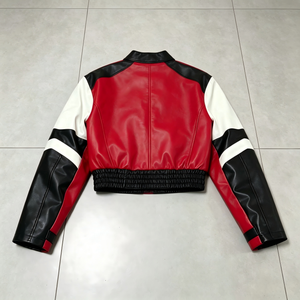 <span class=keywords><strong>Veste</strong></span> <span class=keywords><strong>Moto</strong></span> Courte Y2K Streetwear Personnalisée pour <span class=keywords><strong>Femme</strong></span> – Blouson Bomber en Similicuir Racing Color Block <span class=keywords><strong>Rouge</strong></span>, Noir et Blanc - Product Image 2