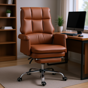 Silla de Oficina Ejecutiva Ergonómica de Cuero PU Marrón con Reposapiés, Diseño de Silla de Escritorio Reclinable - Product Image 2