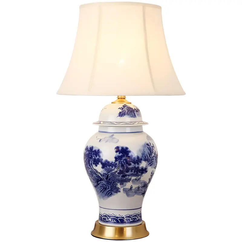 Big size Chinese white and blue nordic gold base home decoration jar luxury modern table lamp