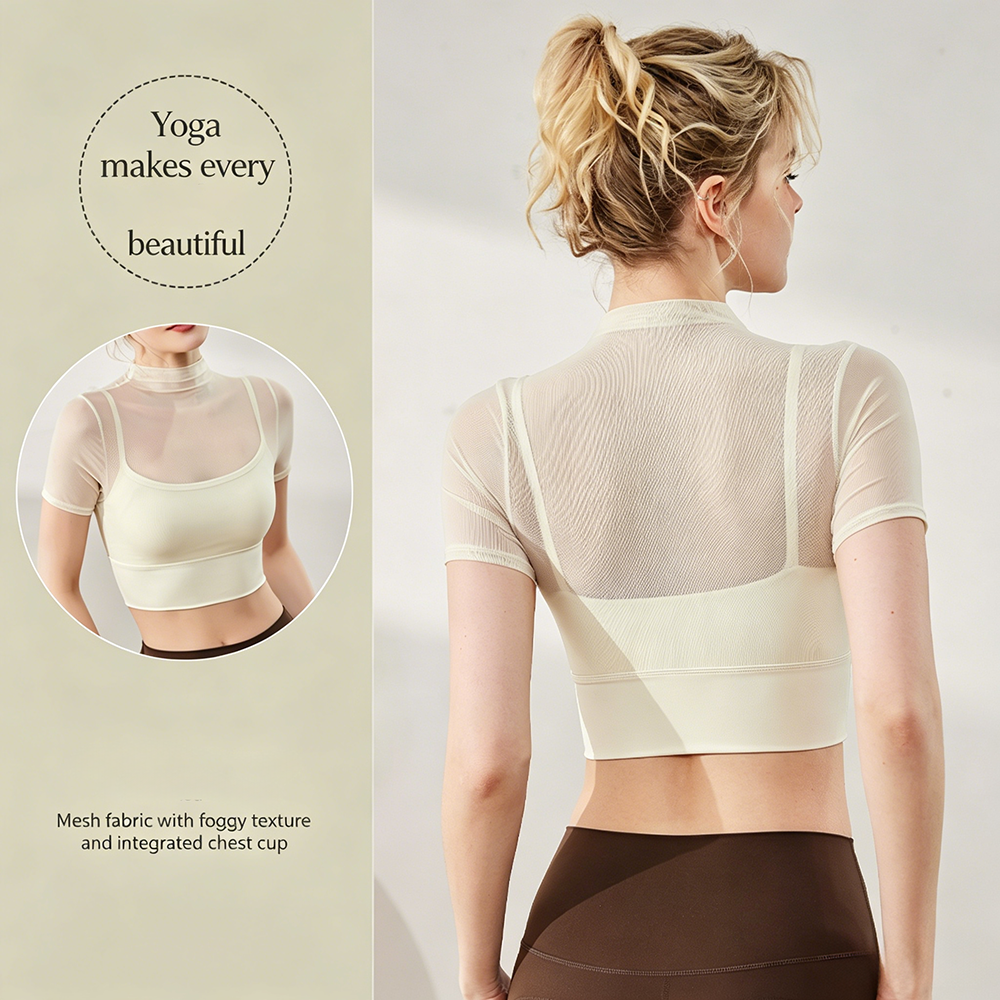 Women's 2-in-1 Breathable Quick Dry Sheer Mesh Stand Neck Short Sleeve Yoga Top Built-in Bra Slim Fit Casual Front Logo