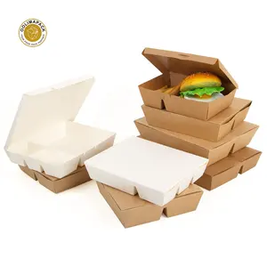 Disposable kraft white paper Takeout 2 compartment food box with anti fog for noodle snack fast food lunch boxes