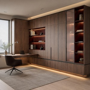 Meubles <span class=keywords><strong>de</strong></span> bureau modernes avec bibliothèque en L, bureau intégré et colonnes <span class=keywords><strong>de</strong></span> présentation en verre - Product Image 1