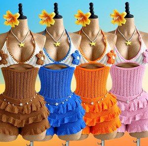 Combinaison Y2K en tricot ajouré pour femme, col halter, sans manches, à volants, lacets, découpes, crocheté à la main, style streetwear - Product Image 1