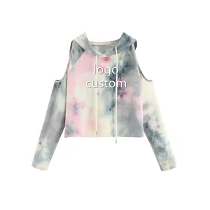 High Quality Women's Cold Shoulder Tie Dye Pullover Hoodies Casual Ladies Sexy Crop Top Pullover Hoodies