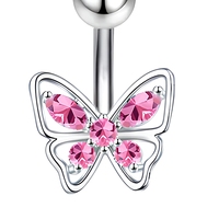 Anneau de nombril en acier inoxydable avec zircon rose en forme de papillon, bijoux de piercing pour le ventre en forme de cœur