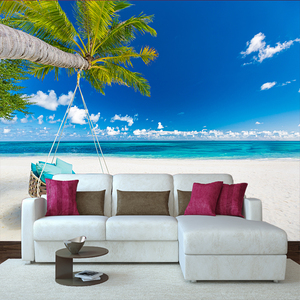 Papel Tapiz Mural 3D Moderno con Palmeras Tropicales, Cielo <span class=keywords><strong>Azul</strong></span> y Paisaje Oceánico, Ideal para Sala de Estar, Dormitorio u Hotel, Resistente al Agua - Product Image 3