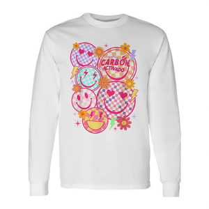 T-Shirt Unisex a Maniche Lunghe con Motivo a Quadri e Faccina Felice Retrò, Stampa Digitale Promozionale per Adulti - Product Image 2