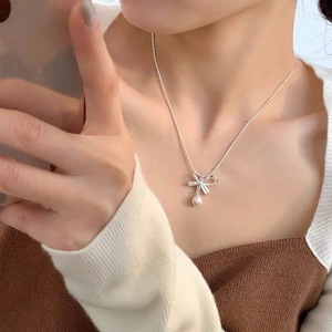 S925 <b>Silver</b> Bowknot Pearl Necklace 40.5Cm Everyday Wear Elegant <b>Choker</b> - Product Image 4