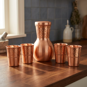 Copper Drinkware Set Hammered Metal Cups Decanter Vintage Style Reusable Adults Party Gift Eco-Friendly Dishwasher Safe - Product Image 1