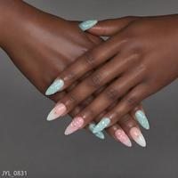 Faux Ongles 3D en Gros Effet Goutte de Fleur, Forme Amande, Bleu Rose Ombré, Logo Personnalisé, Réutilisables, Élégants