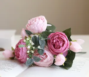 2024 домашний Свадебный комнатный декор с 5 головками искусственная пион трава розовая ткань поддельные цветы букет растительного типа пластик