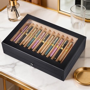 Estuche de Exhibición para Bolígrafos de Lujo en Negro Mate Lacado, Caja Organizadora de 2 Niveles con 24 Ranuras para Plumas Estilográficas, Cofre de Almacenamiento de Madera con Ventana de Vidrio - Product Image 2
