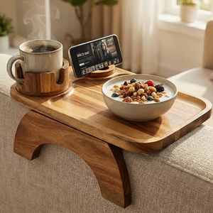 <span class=keywords><strong>Plateau</strong></span> pliable en bois d'acacia et bambou pour accoudoir de <span class=keywords><strong>canapé</strong></span> avec support de téléphone rotatif, portable, à un seul niveau, pour la maison et la cuisine - Product Image 2