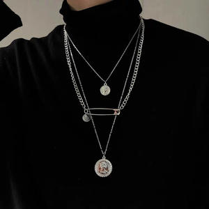 European American Cross Border Jewelry Retro Punk Multi <b>Layered</b> Brooch <b>Necklace</b> Tibetan <b>Silver</b> Unisex Geometric Chain Pendant - Product Image 1