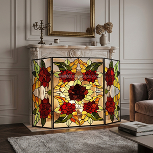 Church Stained Glass Fireplace <b>Screen</b> 3 Panels Red Rose Pattern European Style Decorative Glass Living Room Freestanding - Product Image 2