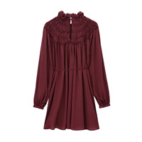 Robe Courte Victorienne à Col Montant et Volants pour Femme, Taille Naturelle Froncée avec Nœud, Manches Longues, Style Bohème, Élégante pour le Bureau, Rouge Bordeaux Fluide en Popeline