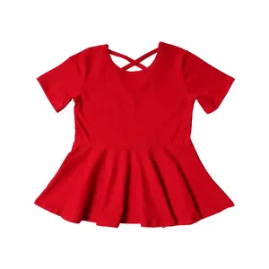 Wholesale Solid Cotton Knitted Kids T-Shirt Short Sleeve Peplum Tops Multicolor Children Spring Clothes