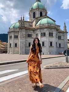 <span class=keywords><strong>Robe</strong></span> midi bohème à imprimé floral orange - <span class=keywords><strong>Robe</strong></span> longue sans manches à bretelles spaghetti et col en V pour le style urbain estival et les vacances - Product Image 6
