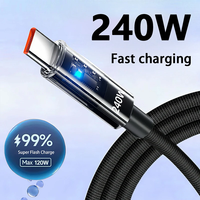 Cable USB C de Carga Súper Rápida de 240W, Conector Transparente, Cable Trenzado de Nailon con Doble Tipo C e Indicador LED para iPhone y Samsung