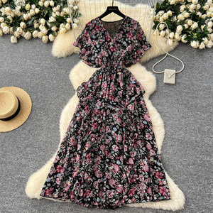 Cruz francesa cuello en V manga corta cintura volante floral mujeres verano vestidos elegantes - Product Image 6