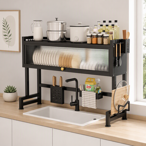 Scolapiatti Doppio in Metallo Resistente per Lavello da <span class=keywords><strong>Cucina</strong></span>, <span class=keywords><strong>Porta</strong></span> Utensili e Asciugamani, Piedini Regolabili, Antiruggine, Moderno - Product Image 1