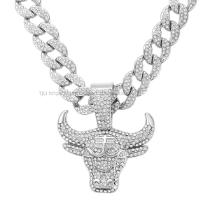 European American Hip-Hop <b>Style</b> Necklace Stylish Animal Bull <b>Head</b> Pendant Full Diamonds 15mm Cuban Chain Street <b>Style</b> - Product Image 1
