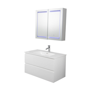 Meuble-lavabo mural de salle de bain de luxe en PVC et contreplaqué moderne, avec éclairage LED, miroir intelligent et vasque, design incurvé, pour hôtels - Product Image 1