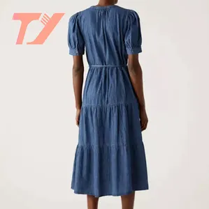TUOYI Classic Basic Denim Dress Elegant Fashion Ruched Blue Maxi Long Dress