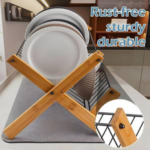 رف تجفيف أطباق قابل للطي، موفر للمساحة، رف تخزين للأطباق والأوعية على سطح المطبخ، رف تجفيف أطباق من الخيزران بطبقتين - Product Image 4