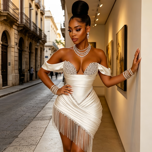 Abito <span class=keywords><strong>Mini</strong></span> <span class=keywords><strong>Sexy</strong></span> Moderno con Scollo a V, Nappe e Cristalli, Vestito Aderente a Vita Naturale per Feste e Serate in Discoteca - Product Image 6