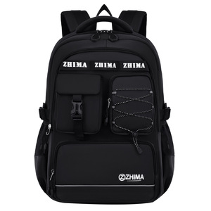 Zhima Student Backpack 15 Inches Large Capacity School Bag For Boys Black Solid Color With Chain Lock Interior Zipper Pocket - Product Image 1