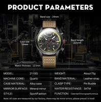 Montre chronographe à quartz pour homme, bracelet en cuir véritable, tachymètre étanche, boîtier en alliage, affichage multi-cadrans, date, montre de sport