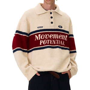 Streetlux moda invierno alta calidad suelta comodidad hombres suéter de punto personalizado transpirable Jacquard solapa Jacquard letras - Product Image 2