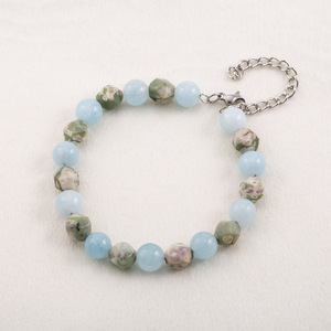Unisex Chalcedony Beaded Bracelet Blue Green Color Block Round Chamfered Square Beads <b>Titanium</b> Steel Clasp Fashion Jewelry - Product Image 1