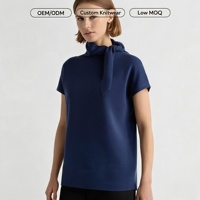 Pull-over élégant en satin pour femme, anti-boulochage, à manches courtes drapées, col drapé, manches courtes amples, tricoté, 100 % polyester, OEM