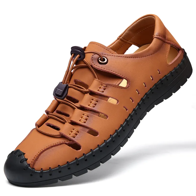 Men Spring Summer Fashion Non-Slip Genuine Cow Leather Beach Shoes For Man Brown Black Outdoor Breathable Flat Sandals