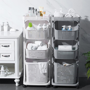 Large Capacity Plastic Bathroom Clothing Storage Trolley Cart 3 Compartments Foldable Laundry Basket With Wheels