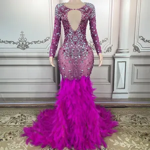 AD1508 Kimshein Womens Long Sleeve Sexy Hollow Out Evening Feathers Prom Crystal Dresses Performance Clothing Vestidos